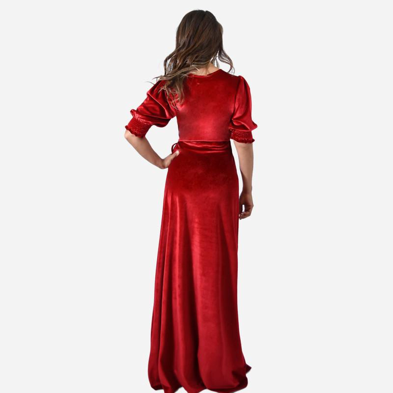 VESTIDO LARGO SEVILLA ROJO TERCIOPELO MANGA CORTA GLOBO MARIA PASKARO - 3
