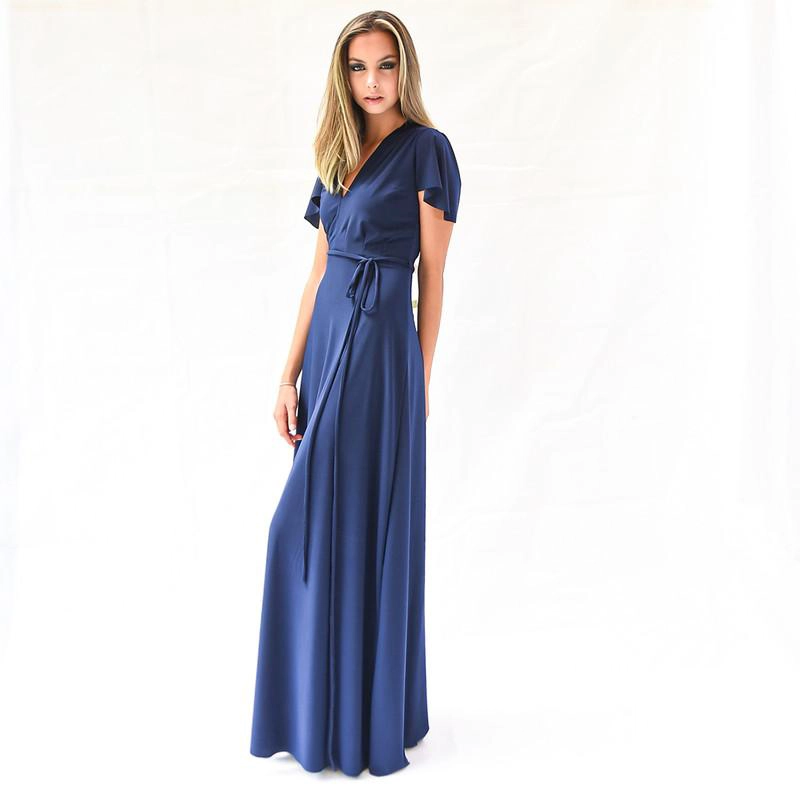 VESTIDO LARGO YORK AZUL MARINO LYCRA MANGAS  MARIA PASKARO - 2