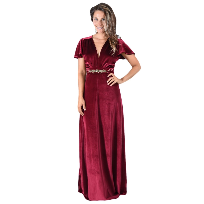 VESTIDO LARGO MARIA PASKARO BURDEO YORK TERCIOPELO MANGAS - 1