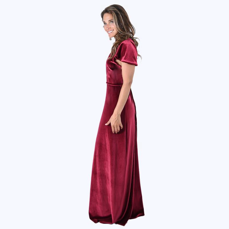 VESTIDO LARGO MARIA PASKARO BURDEO YORK TERCIOPELO MANGAS - 2