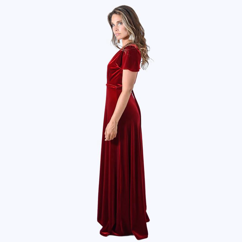 VESTIDO LARGO YORK ROJO TERCIOPELO MANGAS  MARIA PASKARO - 2