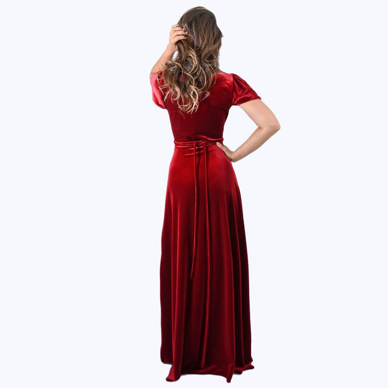 VESTIDO LARGO YORK ROJO TERCIOPELO MANGAS  MARIA PASKARO - 3