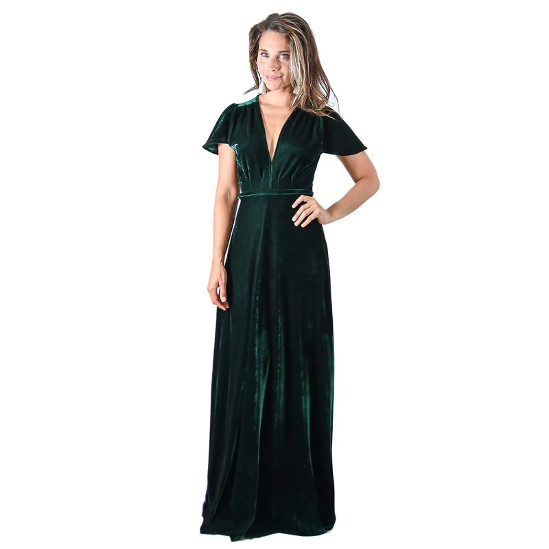 VESTIDO LARGO YORK VERDE TERCIOPELO MANGAS  MARIA PASKARO - 1