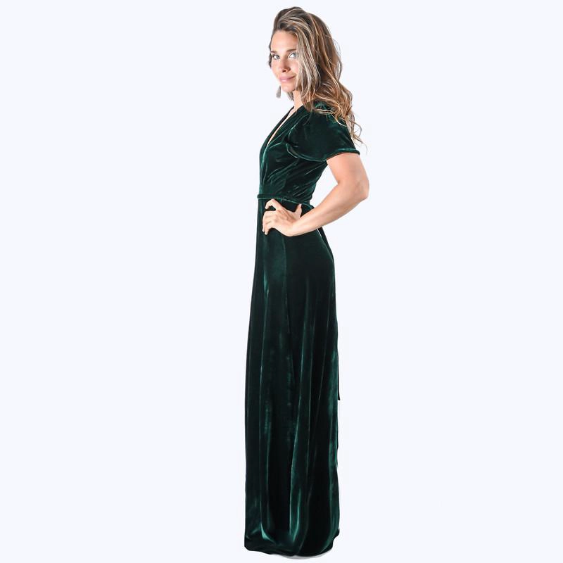 VESTIDO LARGO YORK VERDE TERCIOPELO MANGAS  MARIA PASKARO - 2
