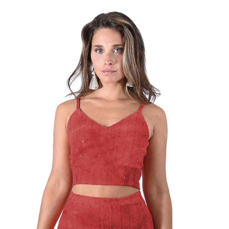 PETO PARIS ROJO LENTEJUELAS LYCRA CON LAZO ESPALDA MARIA PASKARO - 1