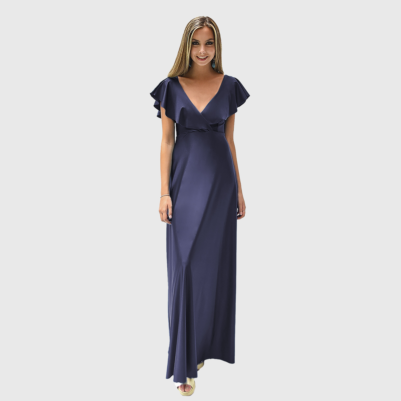 VESTIDO LARGO MARKEN AZUL MARINO LYCRA VUELO GRANDE MARIA PASKARO - 1