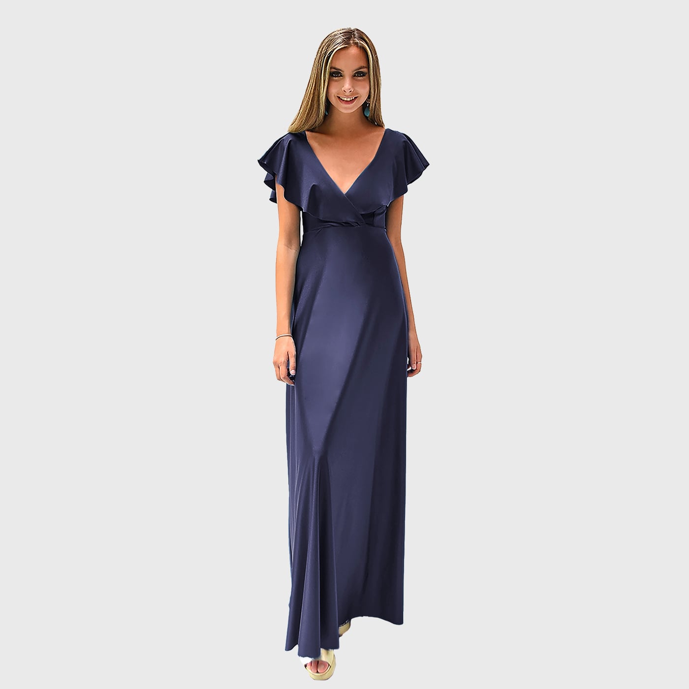 VESTIDO LARGO MARKEN AZUL MARINO LYCRA VUELO GRANDE MARIA PASKARO - 1