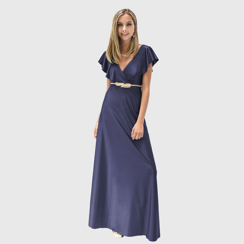 VESTIDO LARGO MARKEN AZUL MARINO LYCRA VUELO GRANDE MARIA PASKARO - 3