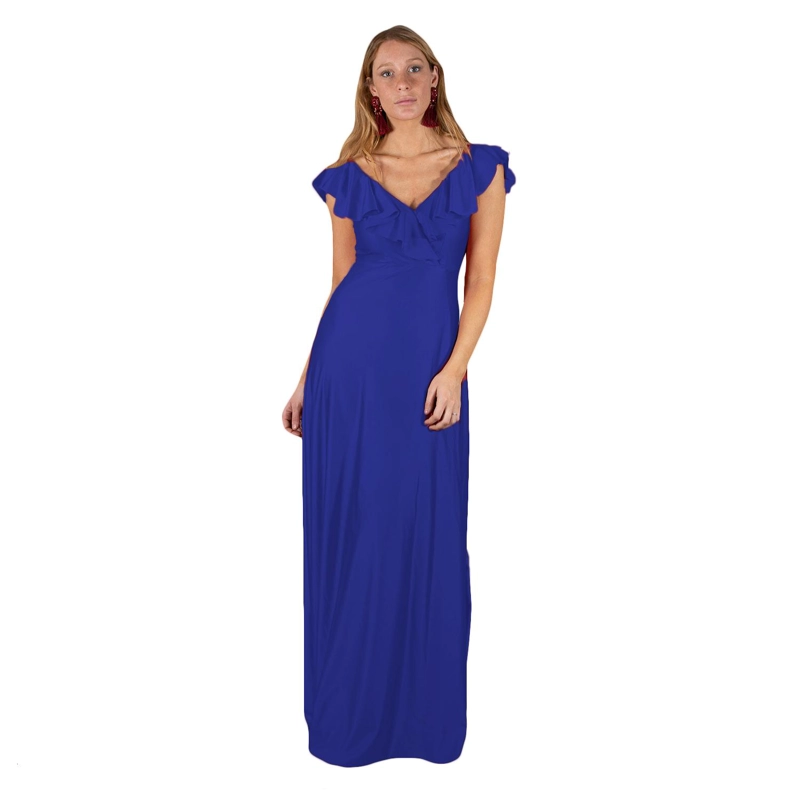 VESTIDO LARGO MUJER MARIA PASKARO AZULINO MARKEN LYCRA VUELO GRANDE - 1