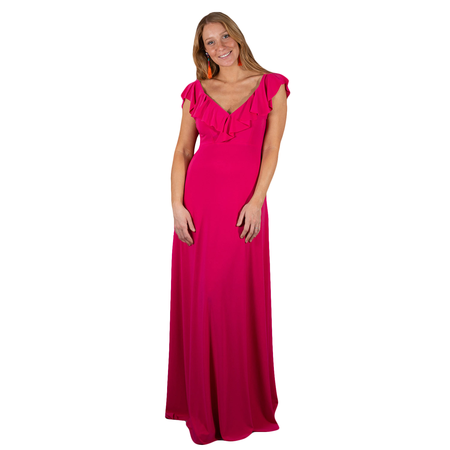 VESTIDO LARGO MUJER MARIA PASKARO FUCSIA MARKEN LYCRA VUELO GRANDE - 1