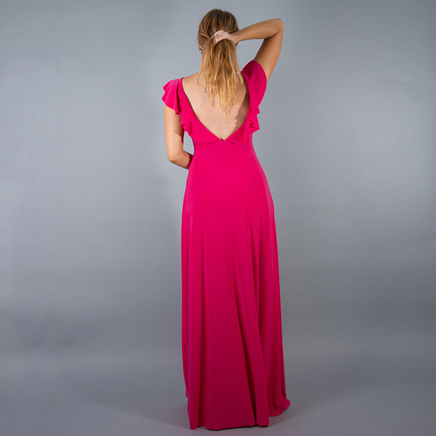 VESTIDO LARGO MUJER MARIA PASKARO FUCSIA MARKEN LYCRA VUELO GRANDE - 3