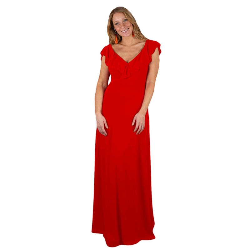 VESTIDO LARGO MUJER MARIA PASKARO ROJO FURIOSO MARKEN LYCRA VUELO GRANDE - 1