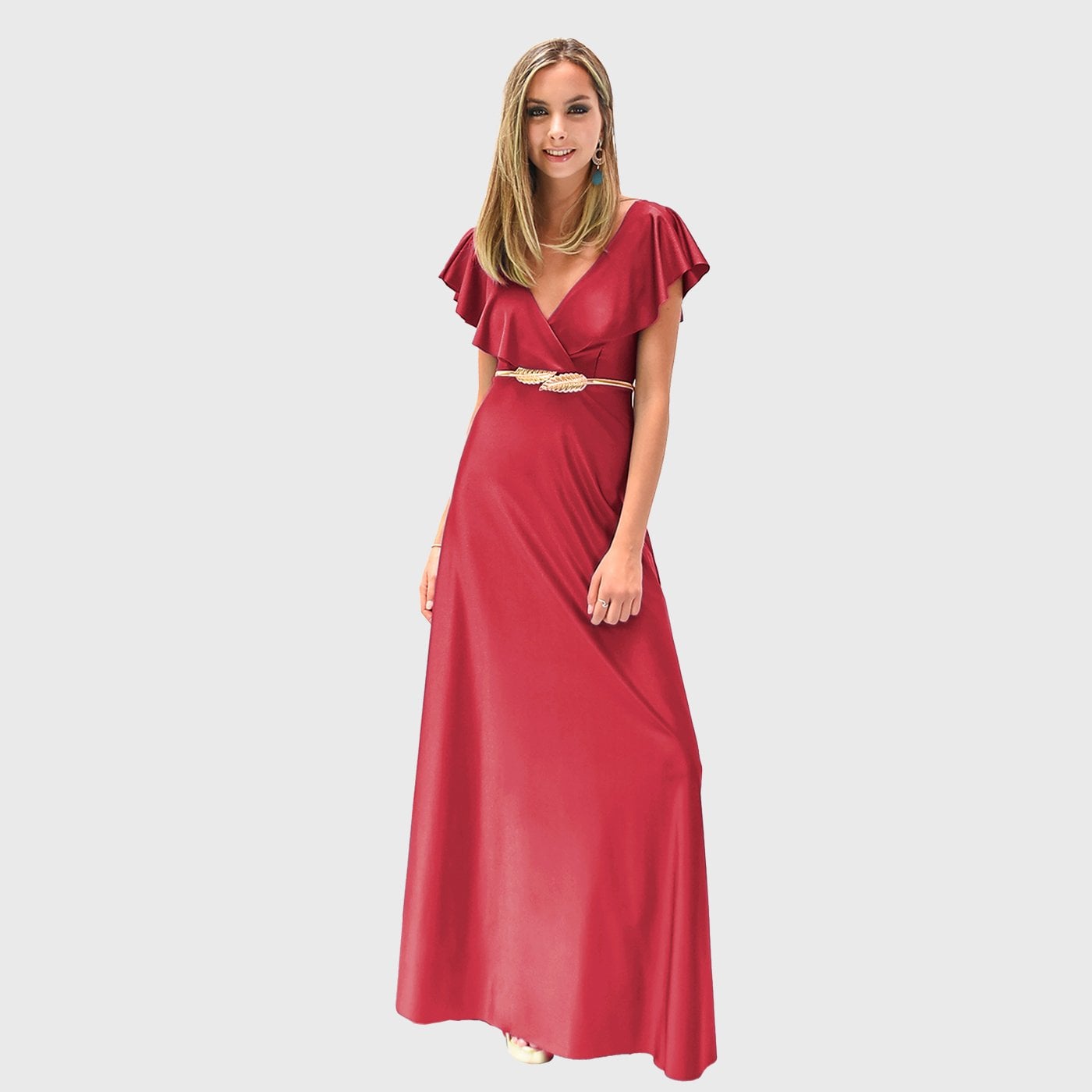 VESTIDO LARGO MUJER MARIA PASKARO ROJO ITALIANO MARKEN LYCRA VUELO GRANDE - 2