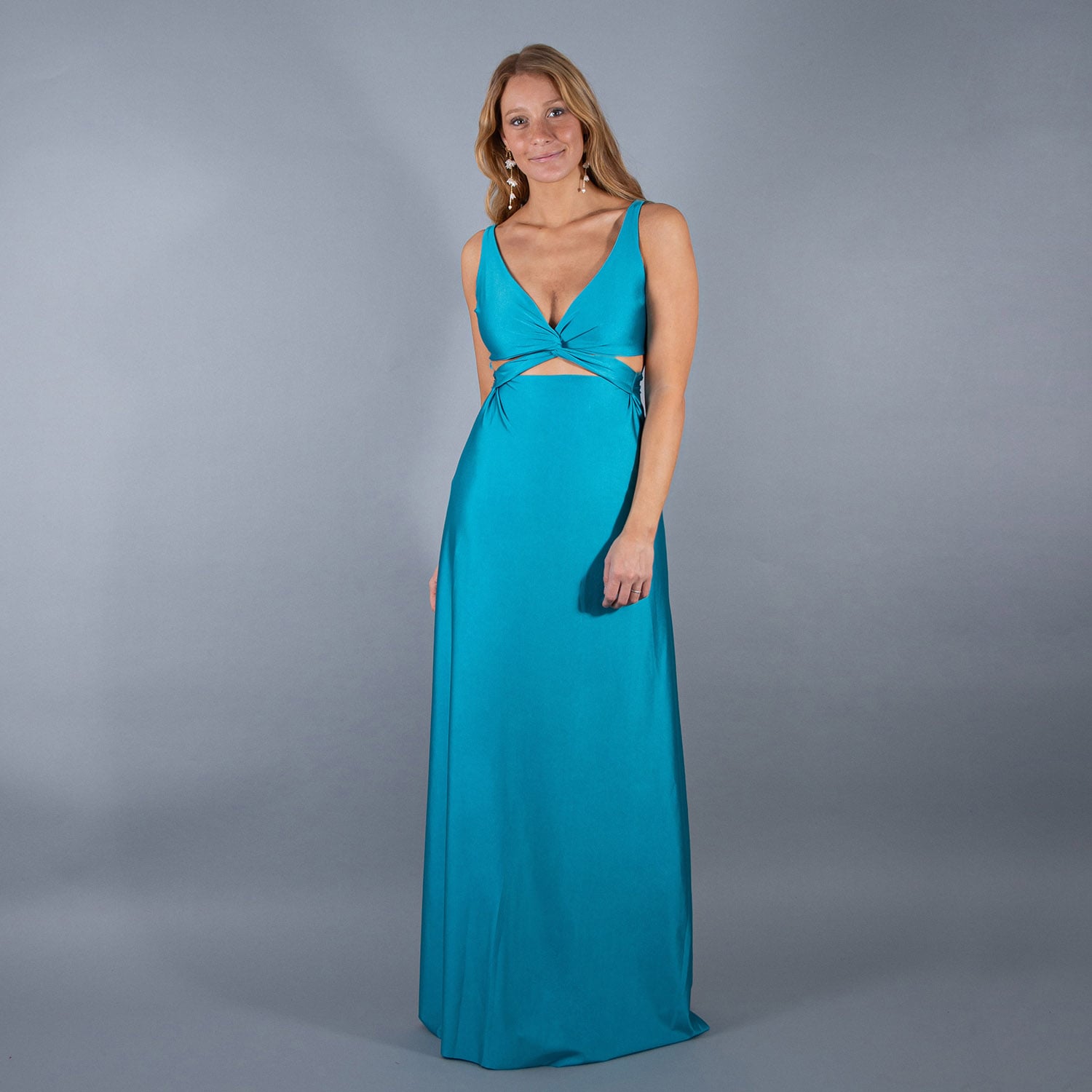 VESTIDO LARGO ALGARVE TURQUESA LYCRA DUPONT MARIA PASKARO - 1