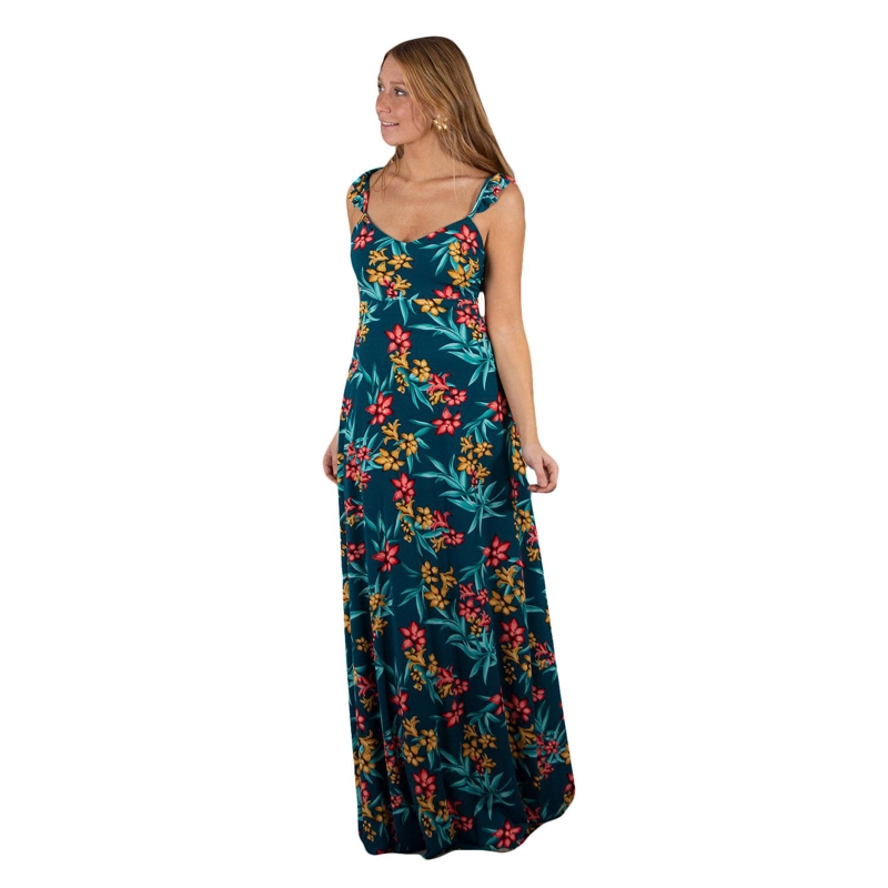 VESTIDO LARGO MUJER MARIA PASKARO TURQUESA JAIPUR FLORES CORAL VUELITOS - 1