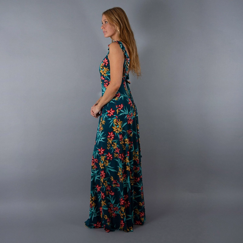 VESTIDO LARGO MUJER MARIA PASKARO TURQUESA JAIPUR FLORES CORAL VUELITOS - 2
