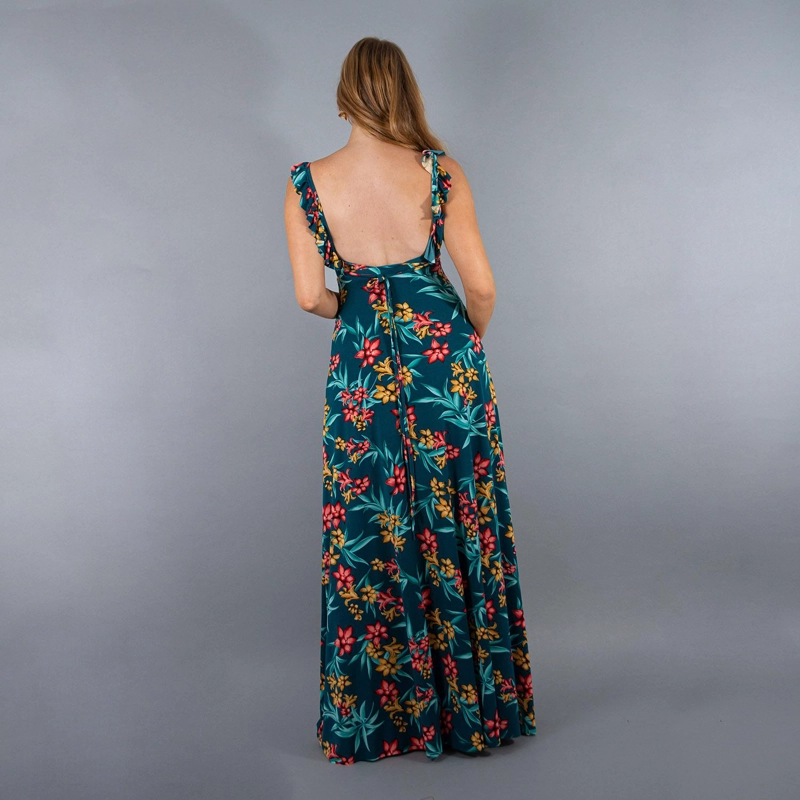 VESTIDO LARGO MUJER MARIA PASKARO TURQUESA JAIPUR FLORES CORAL VUELITOS - 3
