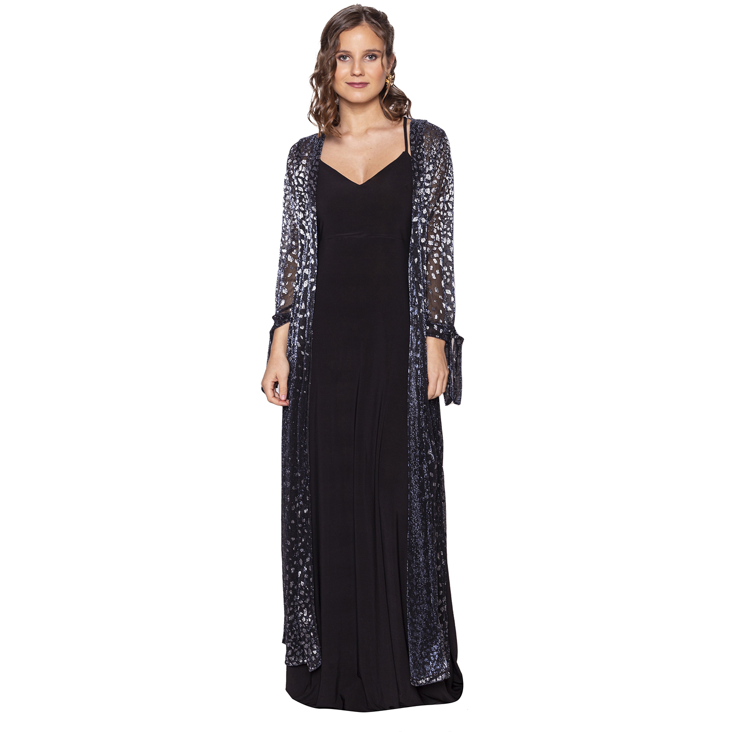 TAPADO KIMONO LARGO VERONA NEGRO MANCHAS PLATEADO PLISADO TRANSPARENTE MARIA PASKARO - 1