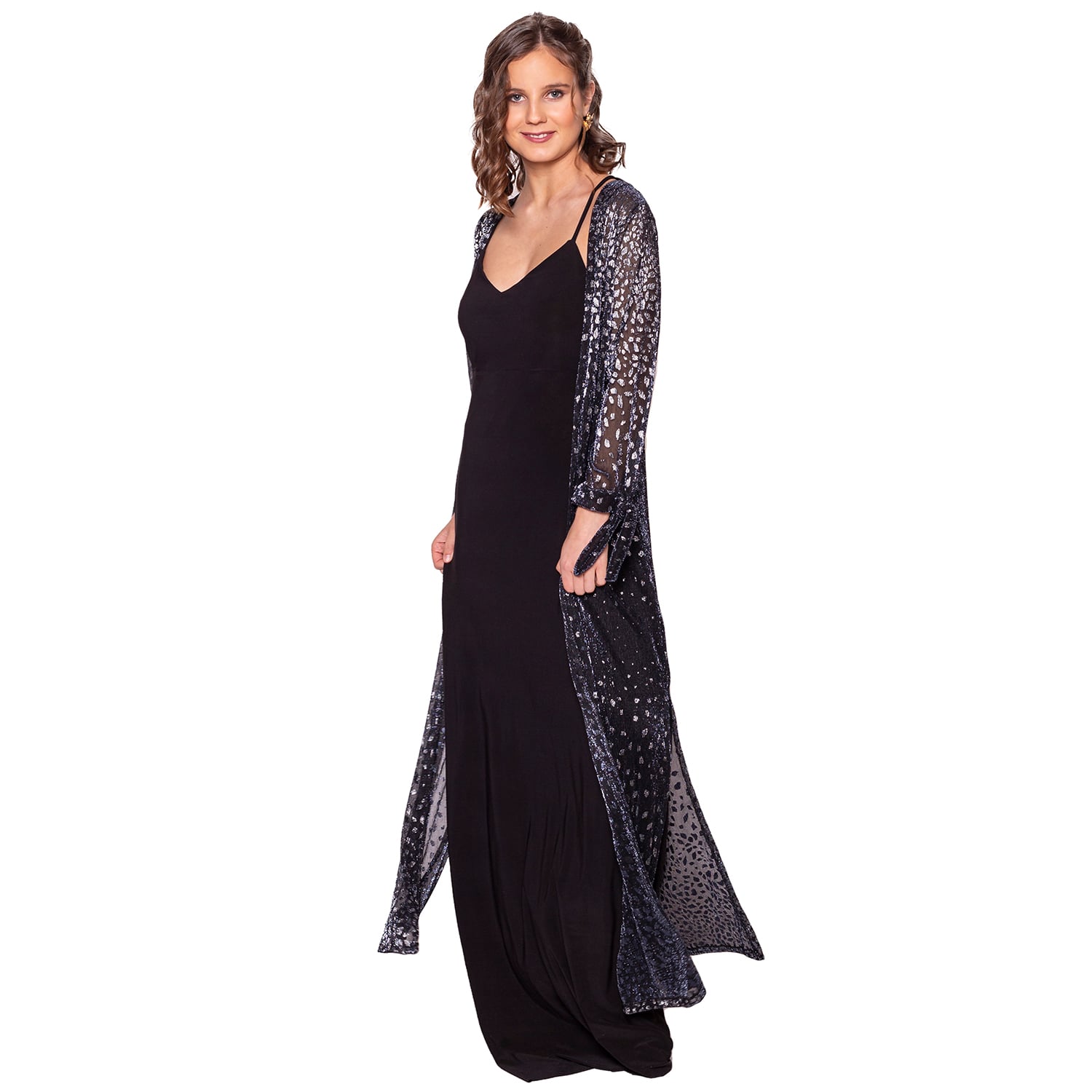 TAPADO KIMONO LARGO VERONA NEGRO MANCHAS PLATEADO PLISADO TRANSPARENTE MARIA PASKARO - 2