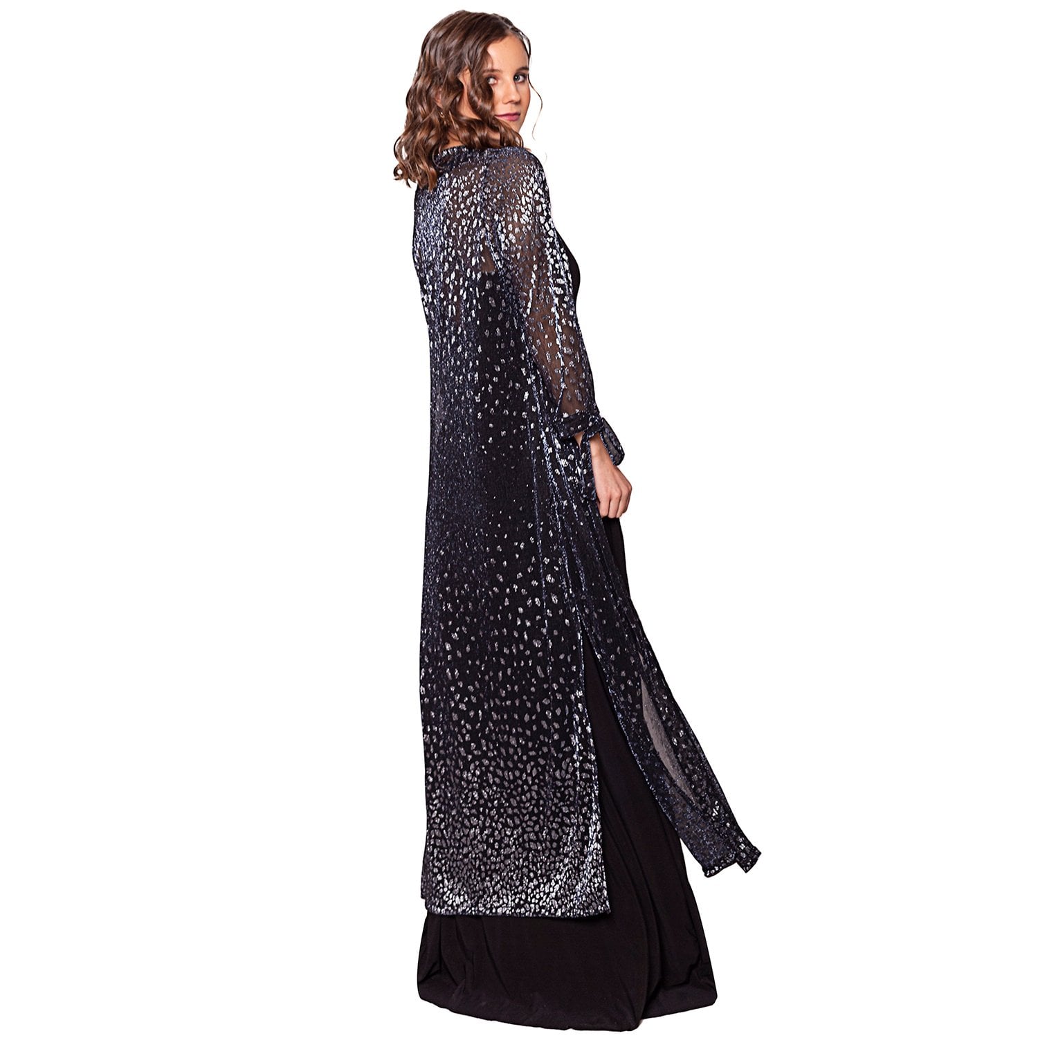 TAPADO KIMONO LARGO VERONA NEGRO MANCHAS PLATEADO PLISADO TRANSPARENTE MARIA PASKARO - 4