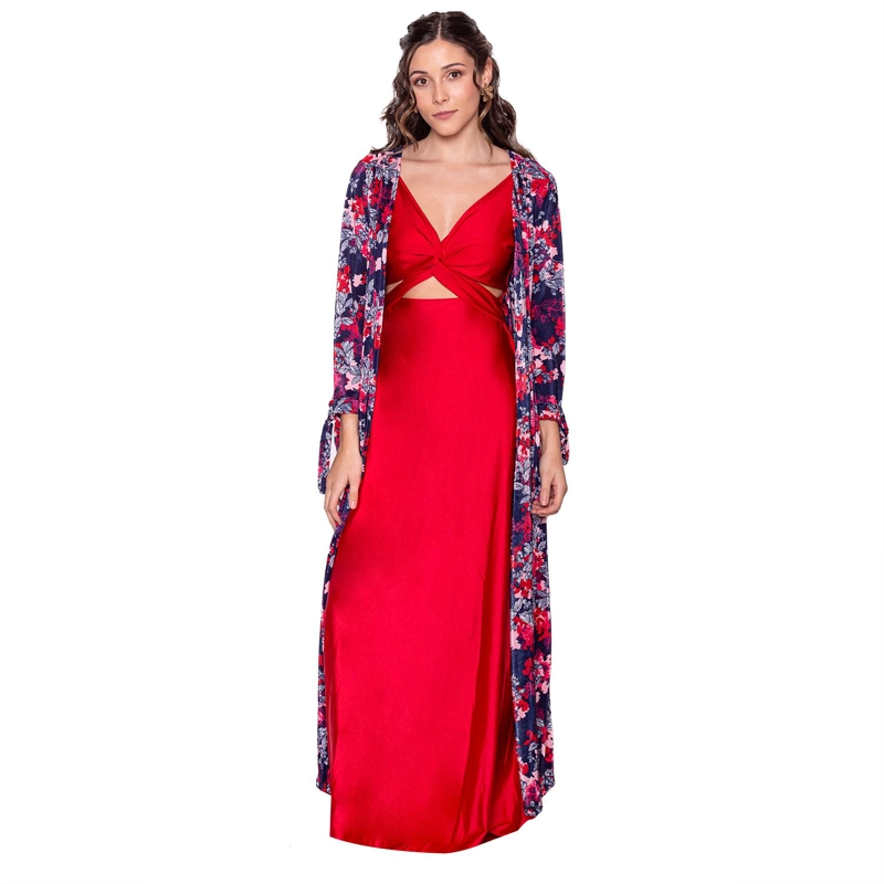 TAPADO KIMONO LARGO REGULAR FIT MUJER MARIA PASKARO AZUL VERONA FLORES PLISADO - 1