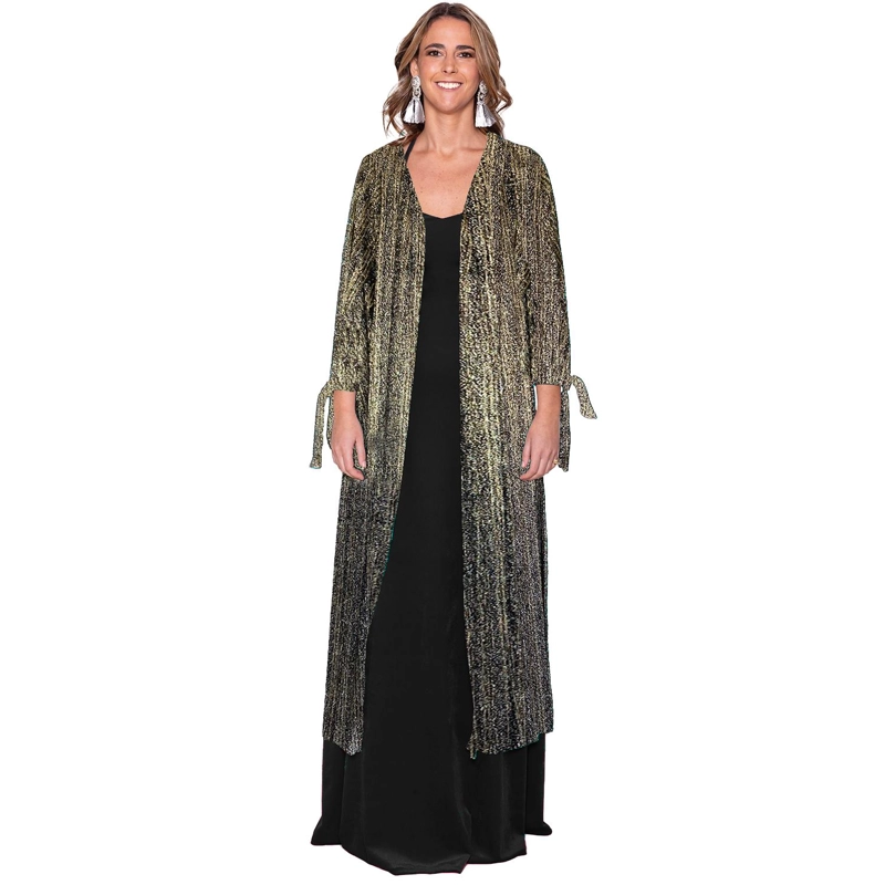 TAPADO KIMONO LARGO REGULAR FIT MUJER MARIA PASKARO DORADO VERONA NEGRO LINEAS PLISADO TRANSPARENTE - 1