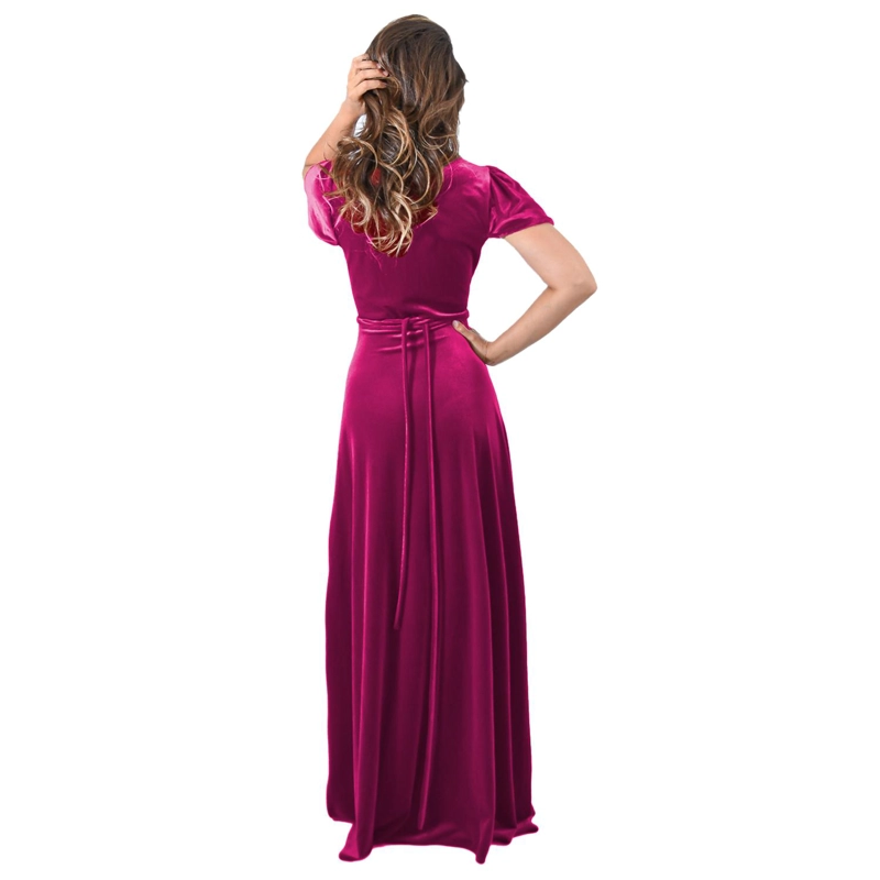 VESTIDO LARGO MUJER MARIA PASKARO FUCSIA YORK TERCIOPELO MANGAS - 2