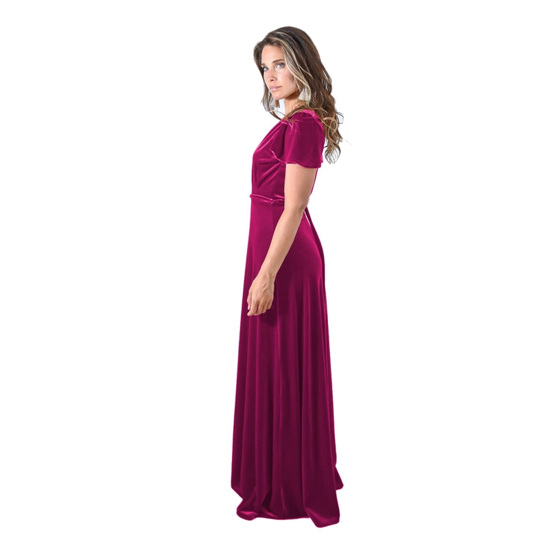 VESTIDO LARGO MUJER MARIA PASKARO FUCSIA YORK TERCIOPELO MANGAS - 3