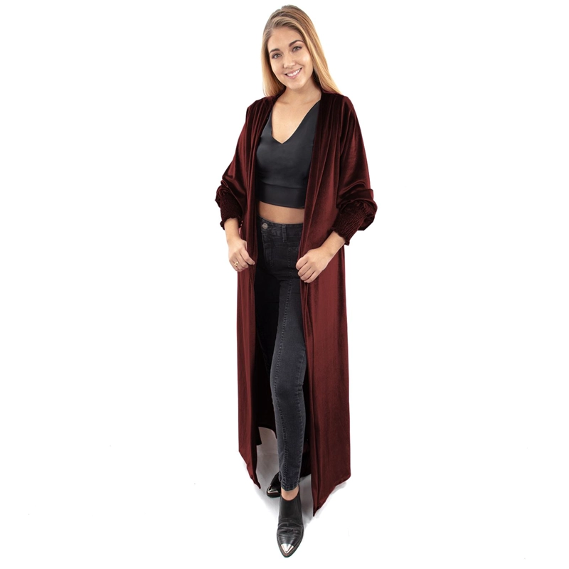TAPADO KIMONO LARGO A LA RODILLA REGULAR FIT MUJER MARIA PASKARO BURDEO SANTINI OSCURO TERCIOPELO - 1