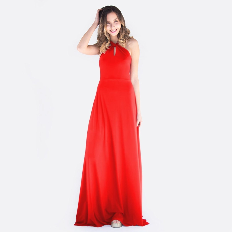 VESTIDO LARGO MUJER MARIA PASKARO ROJO FURIOSO OPORTO LYCRA HALTER AMARRA - 1