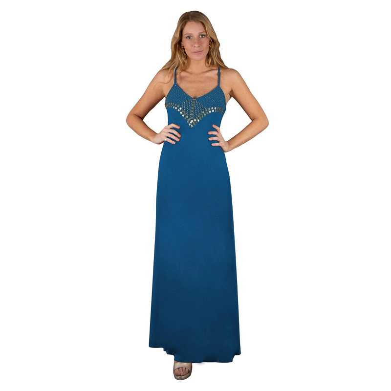 VESTIDO LARGO MUJER MARIA PASKARO TURQUESA BERLIN LYCRA BORDADO R - 1