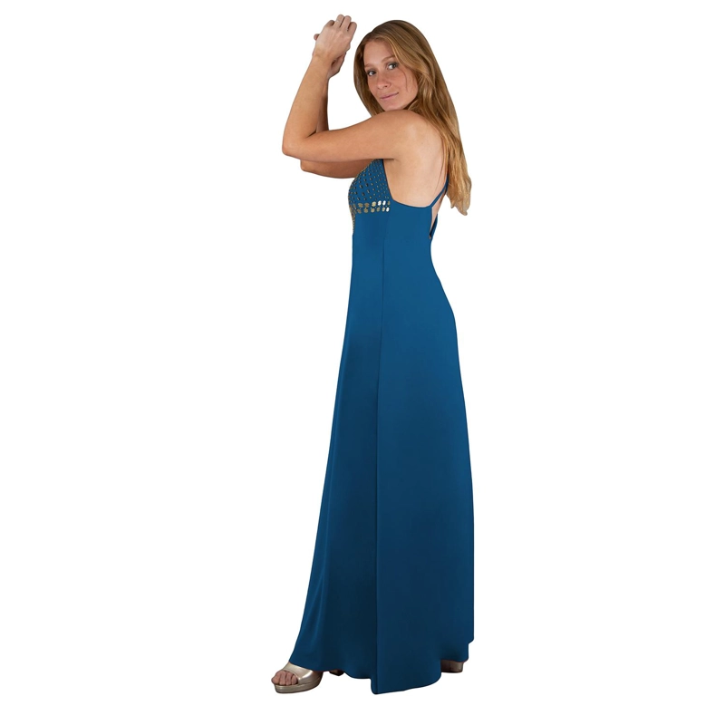 VESTIDO LARGO MUJER MARIA PASKARO TURQUESA BERLIN LYCRA BORDADO R - 2