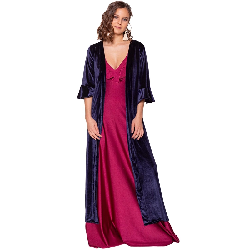 TAPADO KIMONO LARGO REGULAR FIT MUJER MARIA PASKARO AZUL MARINO VUELOS TERCIOPELO - 1