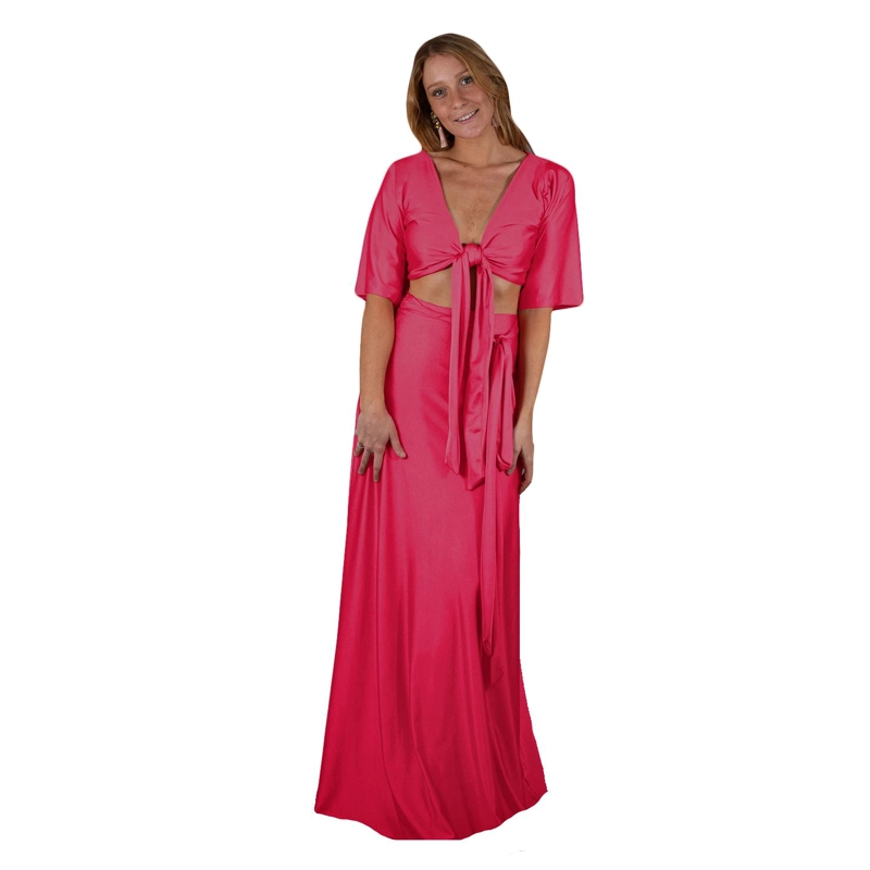 CONJUNTO MAXI REGULAR FIT MUJER MARIA PASKARO FUCSIA MONACO LYCRA FALDA LAZO - 2