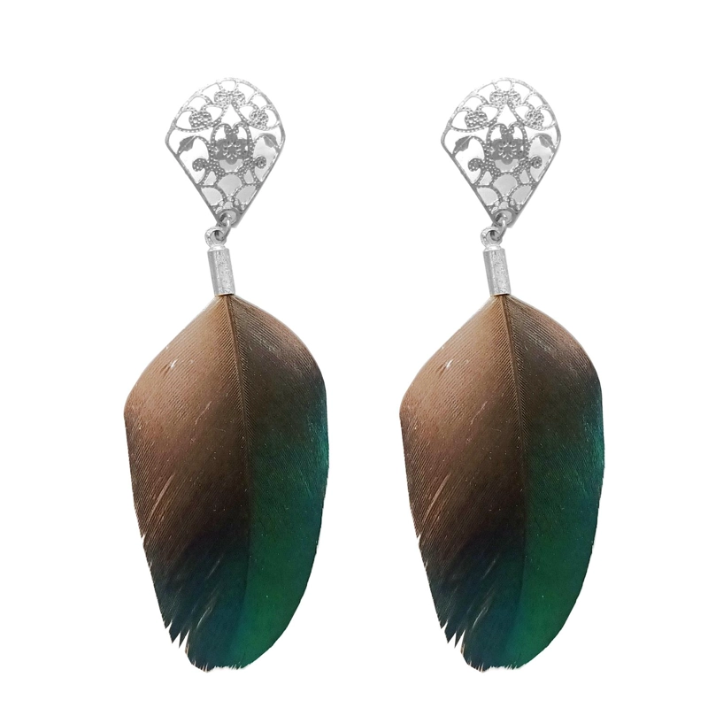 AROS MARIA PASKARO DE PLUMA MONAL VERDE AZUL PLATEADO - 1