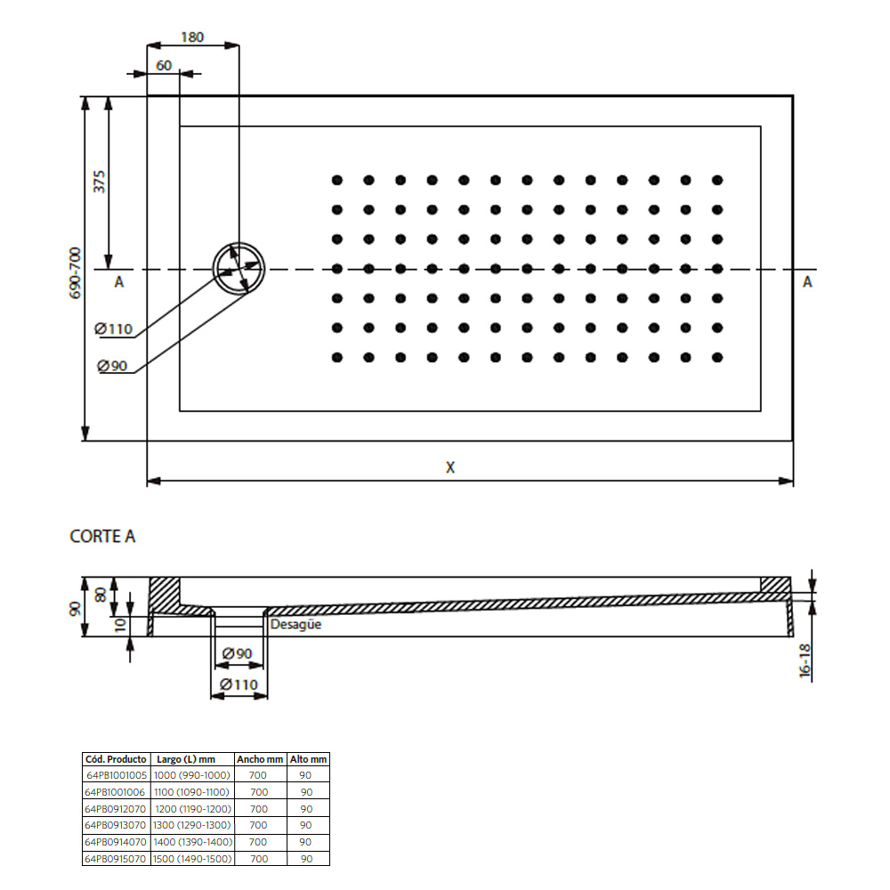 RECEPTÁCULO DE DUCHA STRETTO CON DESAGÜE 120 X 70 X 14 CM - 6