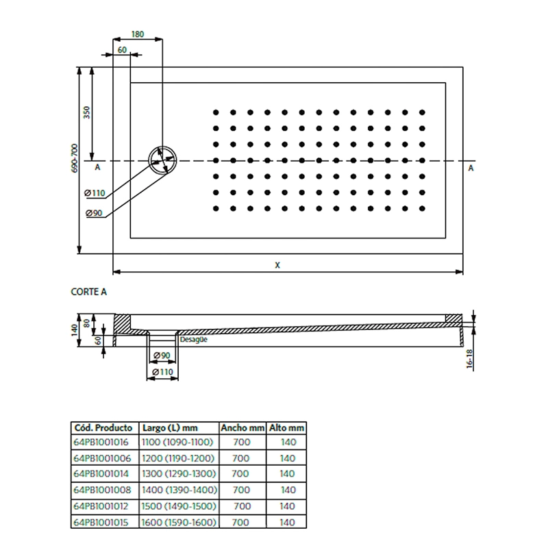 RECEPTACULO DE DUCHA CON DESAGUE 150X70X14 CM - 5