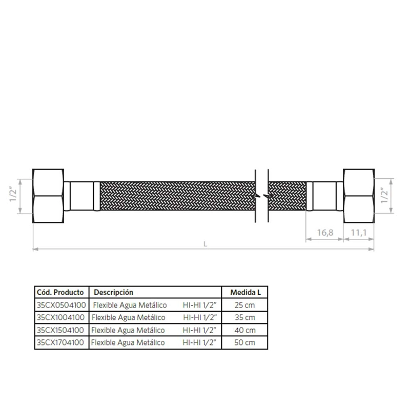 FLEXIBLE PARA AGUA METALICO HI-HI 1/2 35CM - 2