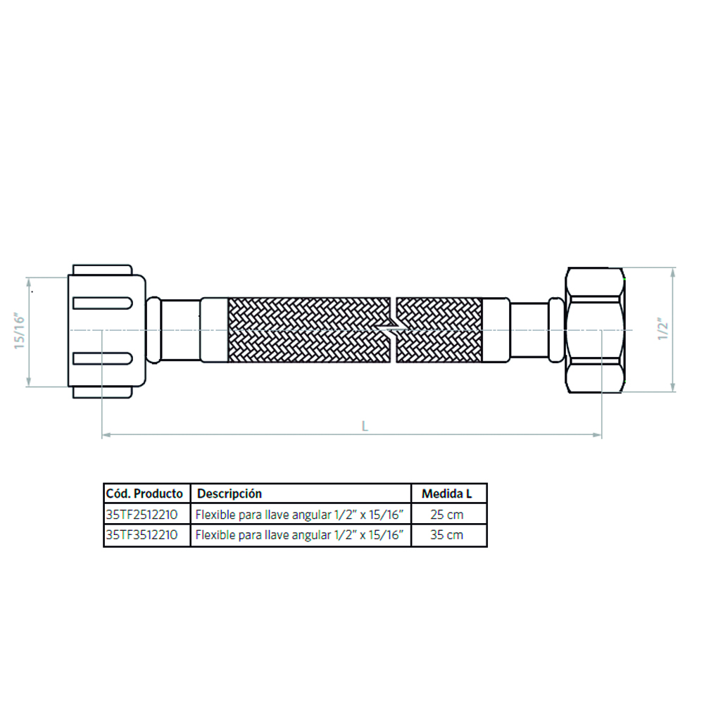 FLEXIBLE PARA LLAVE ANGULAR 25 CM 1/2 HI X 15/16 HI - 2