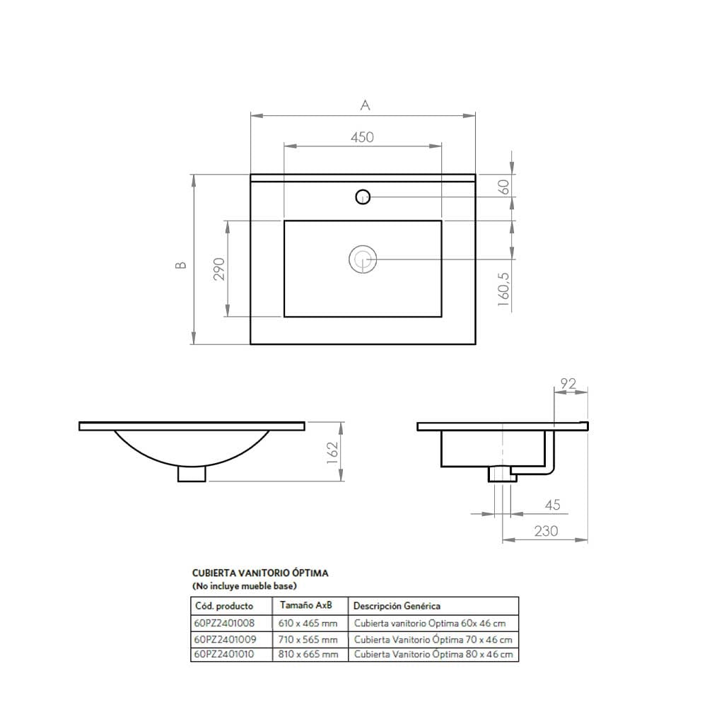 CUBIERTA STRETTO VANITORIO 70 X 46 CM ÓPTIMA MDF - 3