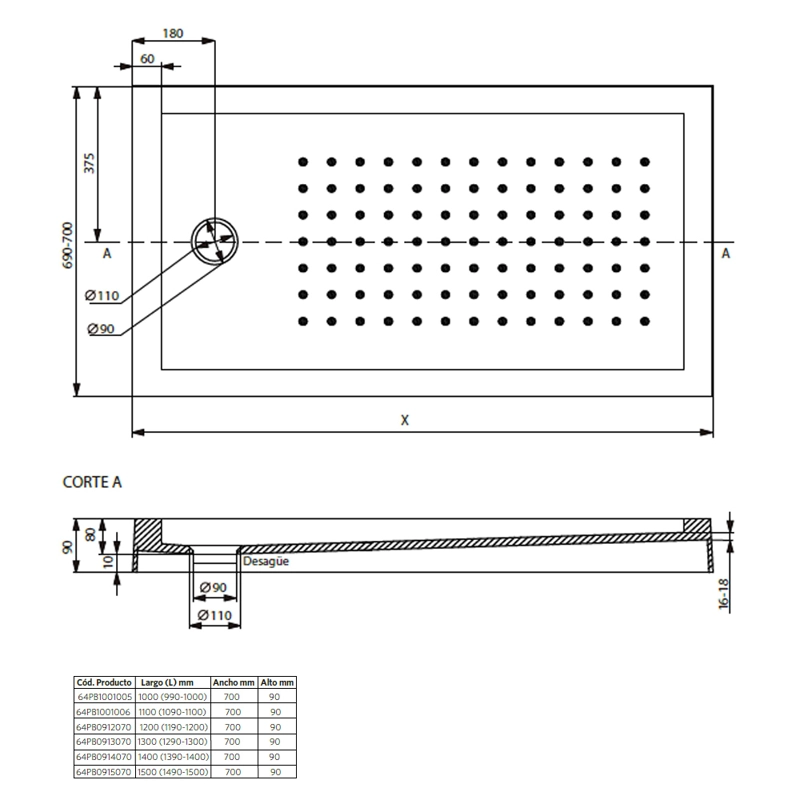 RECEPTACULO DE DUCHA CON DESAGUE Y SOPORTE 120X70X9 CM - 6