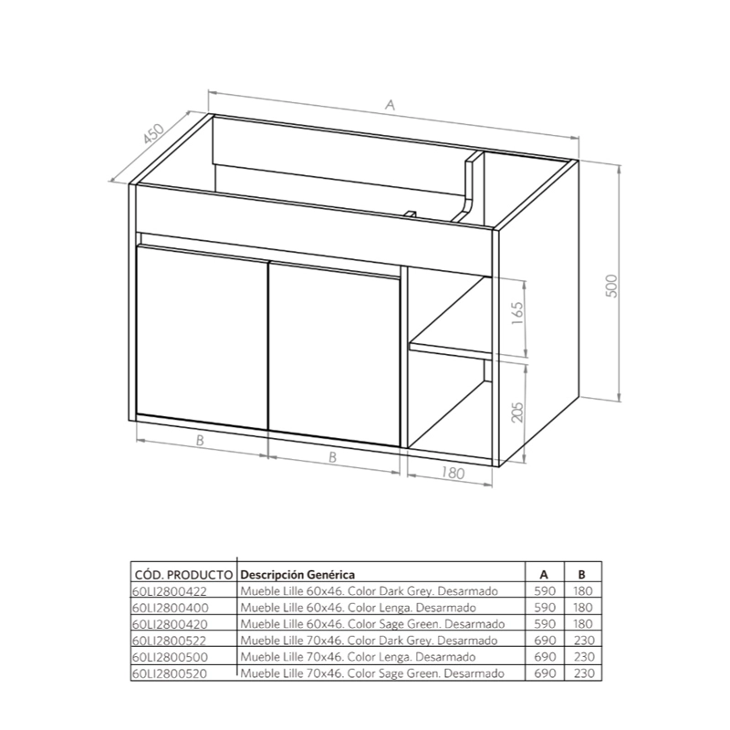 MUEBLE VANITORIO LILLE DARK GREY 70X46X12 CM SIN CUBIERTA - 6