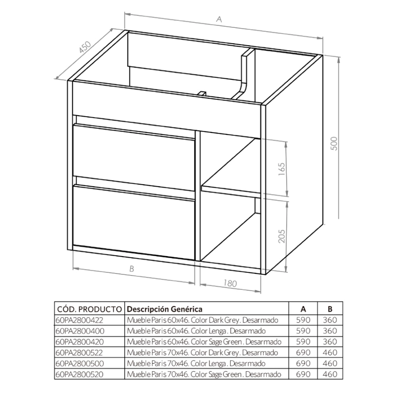 MUEBLE VANITORIO PARIS LENGA + CUBIERTA 70X46X50 CM - 6