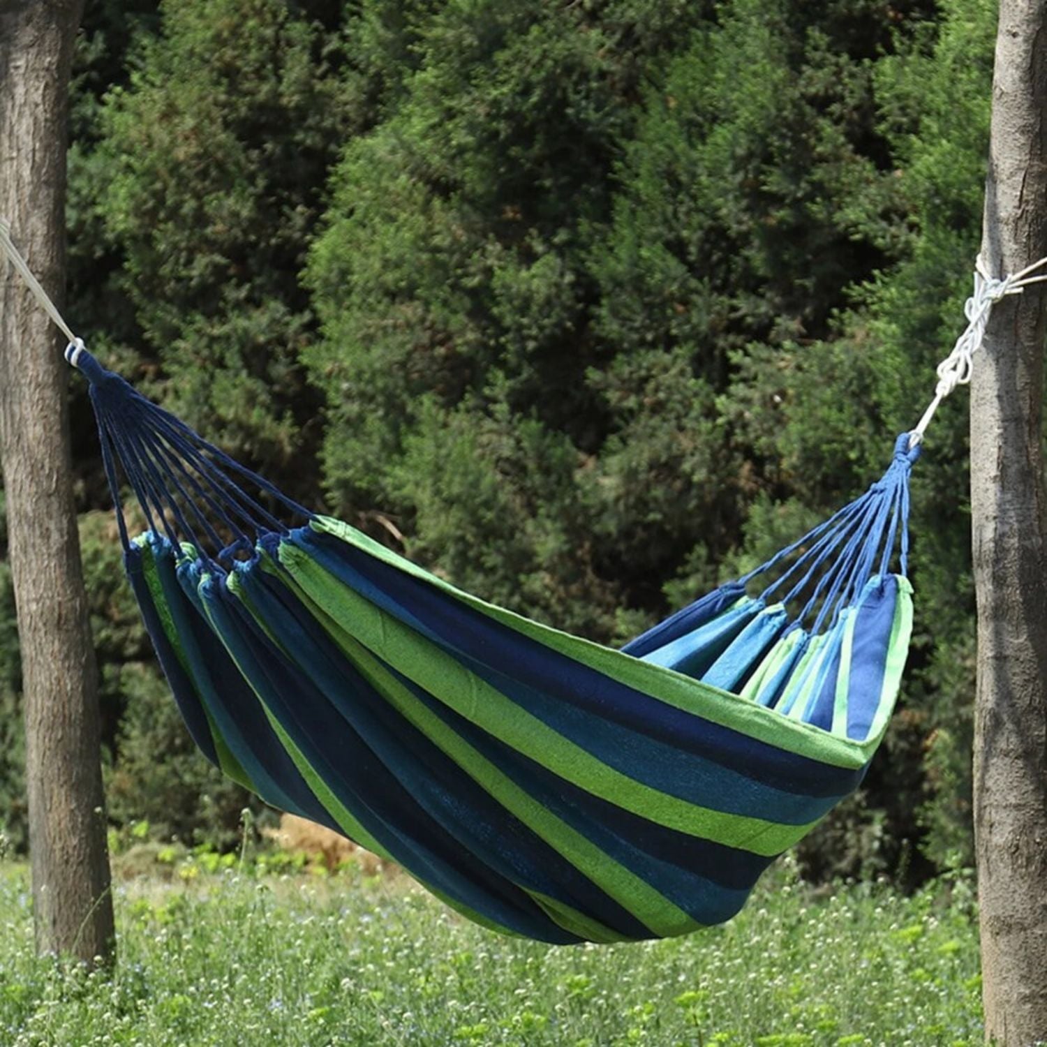 HAMACA IMPORTADORA USA 1 CUERPO MULTICOLOR ALGODÓN AZUL Y VERDE 2 PLAZAS 180X150 CM - 5