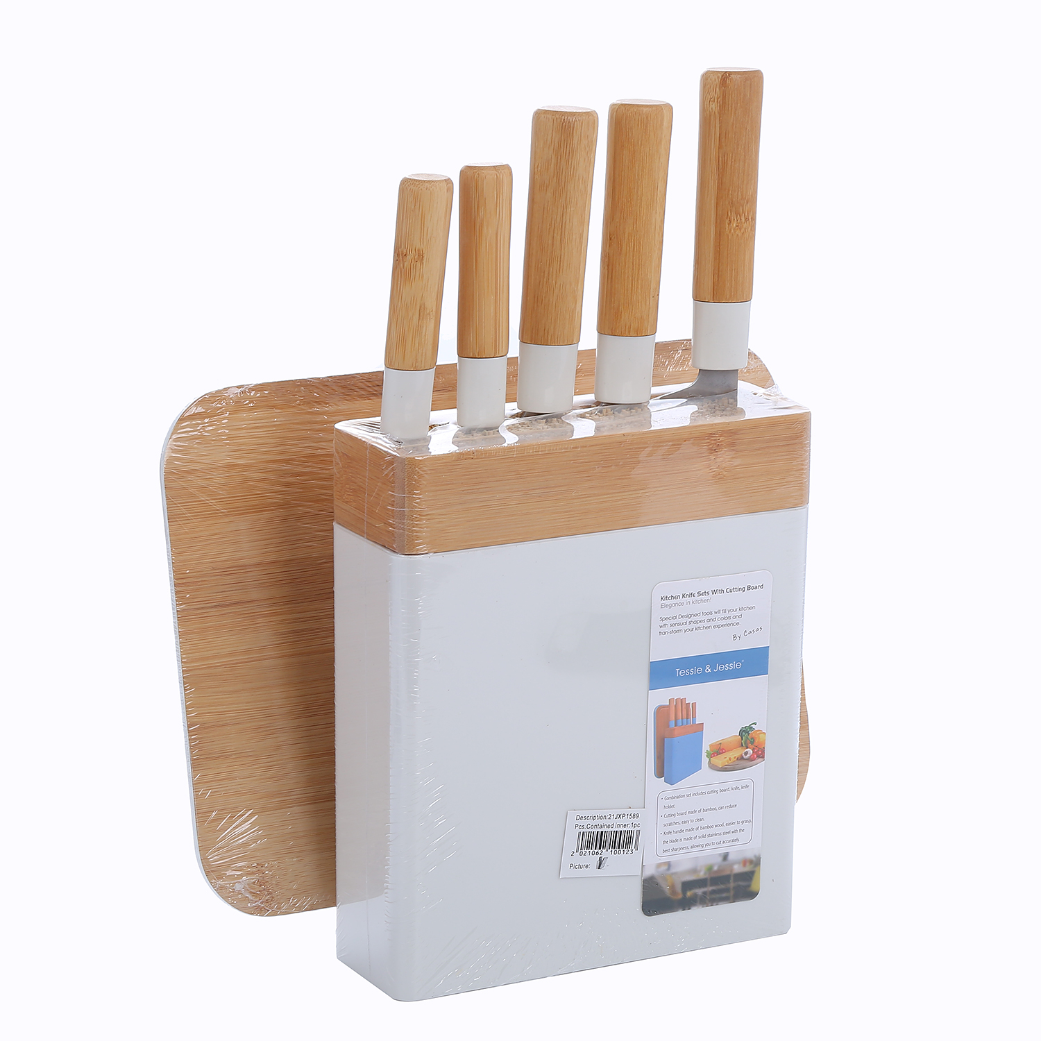 TABLA DE CORTAR MAS SET DE 5 CUCHILLOS BAMBU - 1