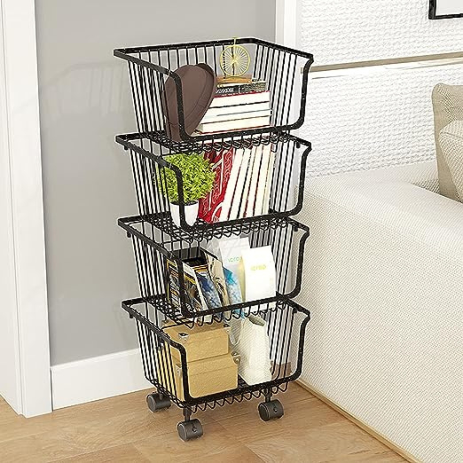 ORGANIZADOR MULTIUSOS CON RUEDAS DE 4 CANASTOS NEGRO - 5