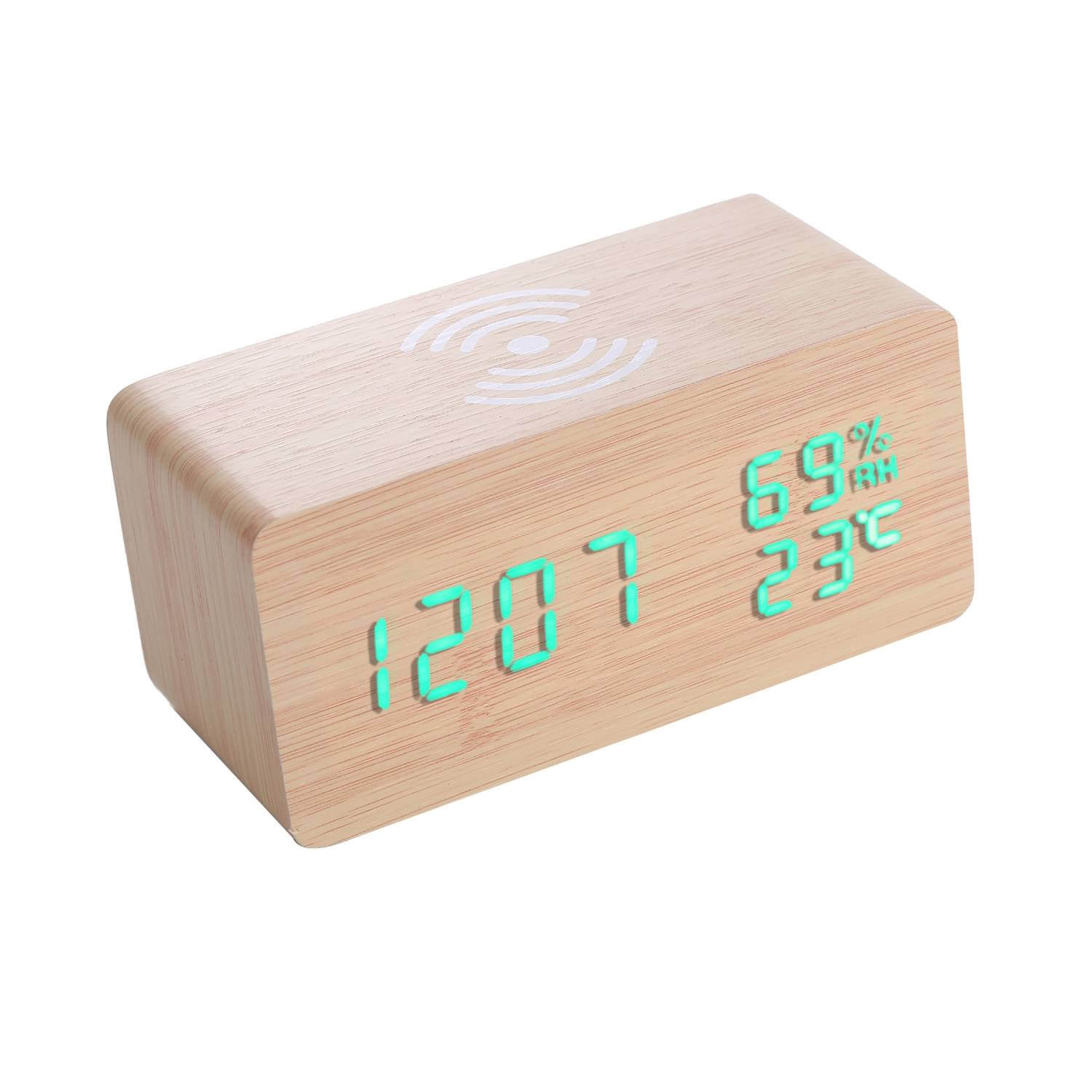 RELOJ DIGITAL DE MADERA CON CARGA INALÁMBRICA PARA TELÉFONOS - 1