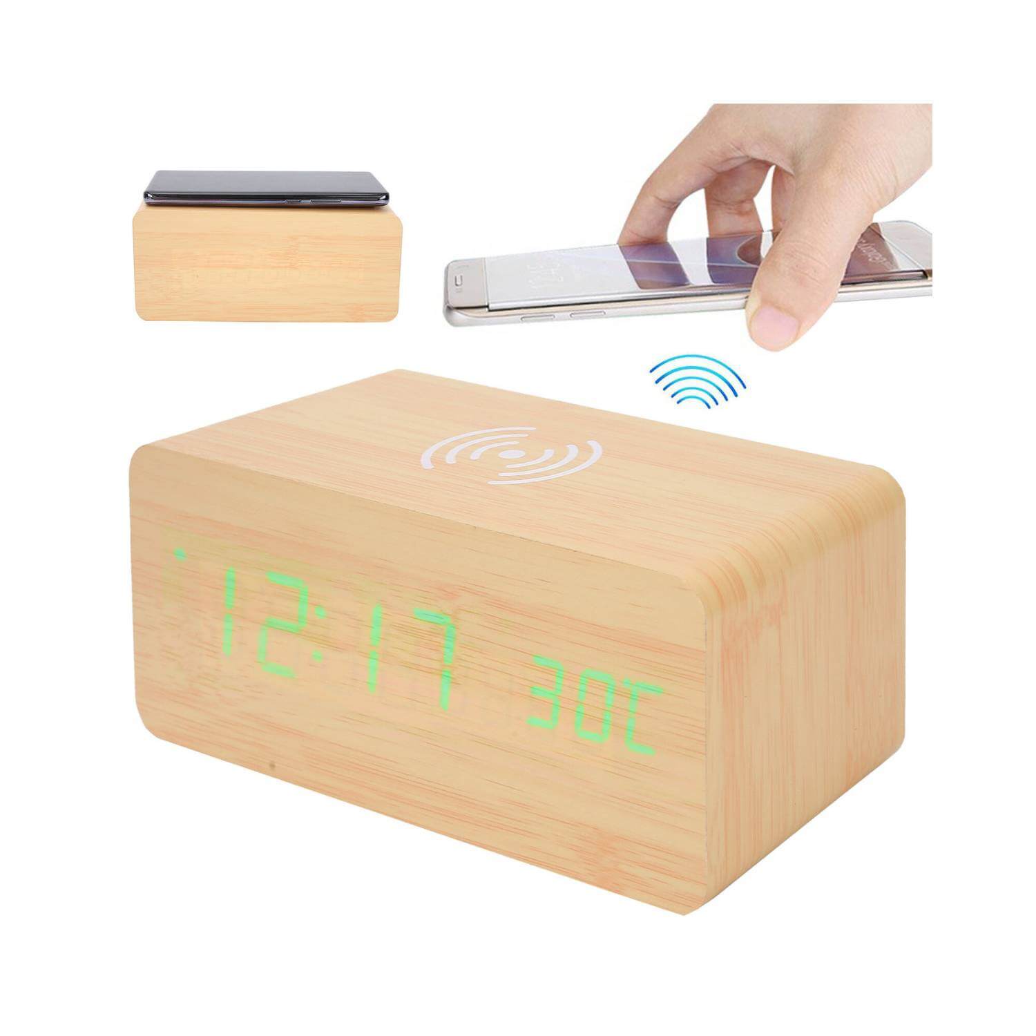 RELOJ DIGITAL DE MADERA CON CARGA INALÁMBRICA PARA TELÉFONOS - 2