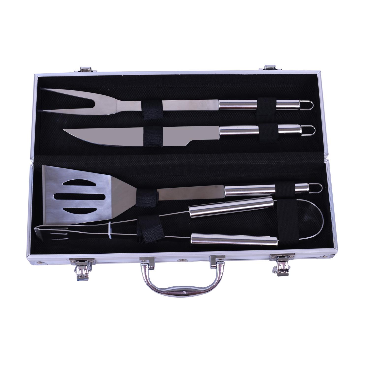 SET 4 ACCESORIOS PARRILLEROS DE ACERO Y MALETIN DE METAL - 1