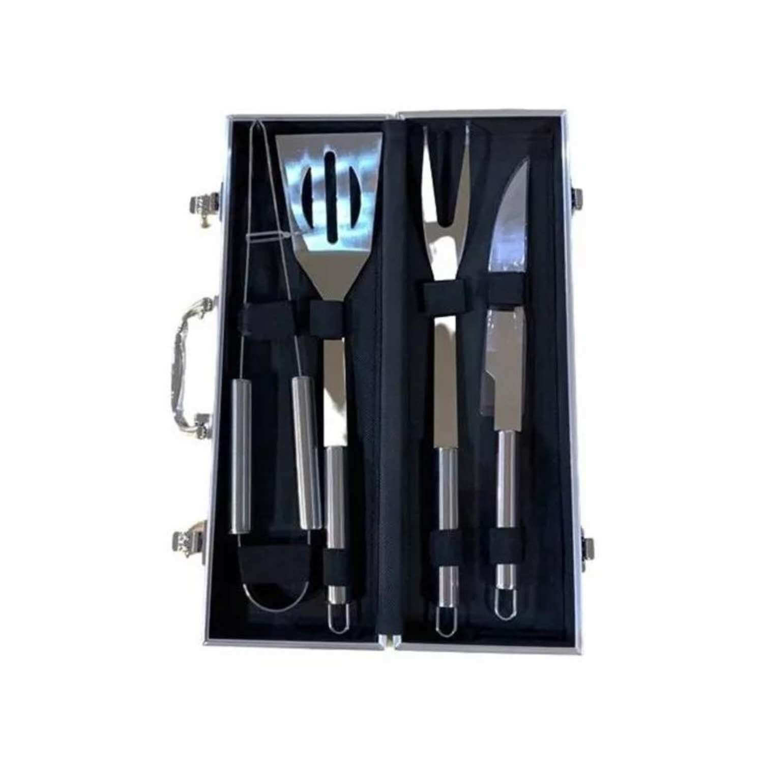 SET 4 ACCESORIOS PARRILLEROS DE ACERO Y MALETIN DE METAL - 2